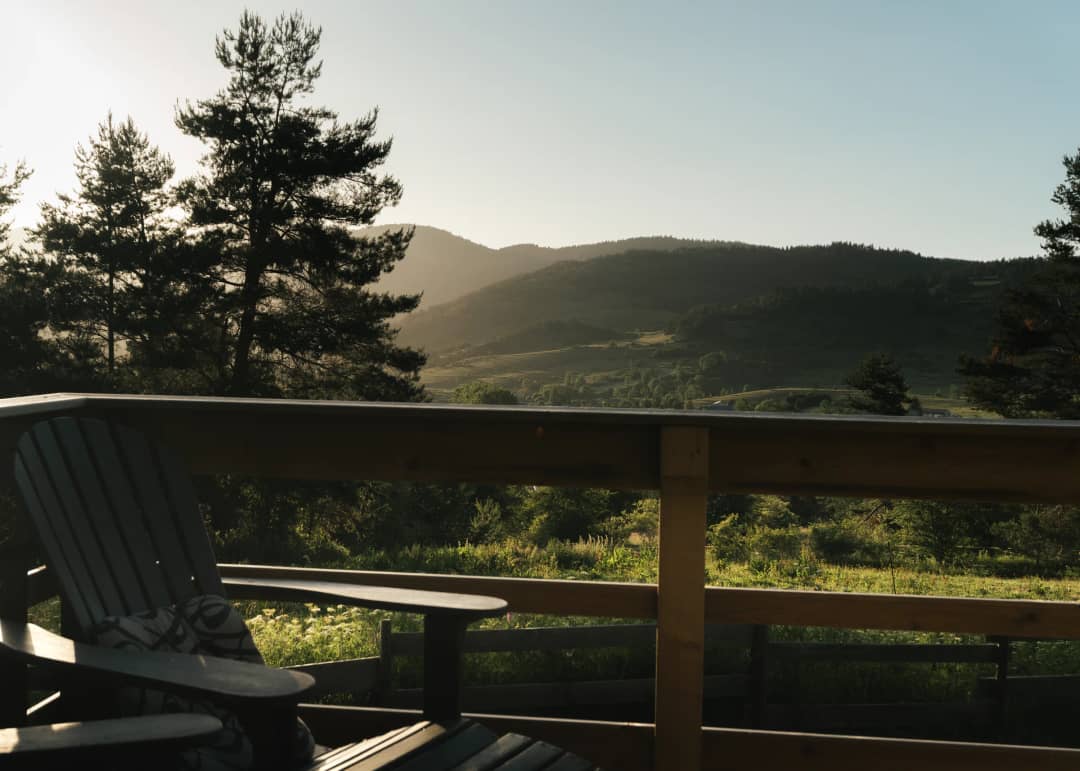 Vue depuis la terrasse sur la vallée verdoyante